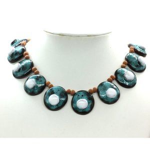 GREECE hand glaze pottery necklace turquoise blue white, VINTAGE brass clasp 18"